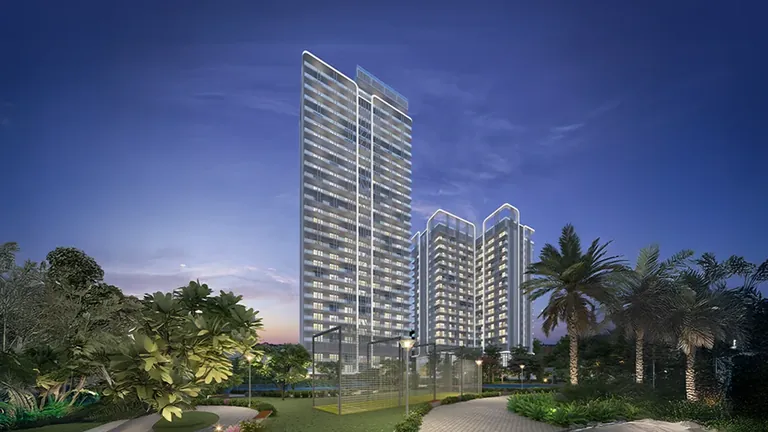 Central Park Delphine towers above the landscaped gardens in the evening, artist's impression