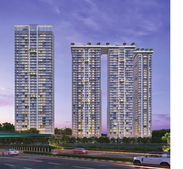 Central Park Delphine towers with rooftop sky bridge at dusk, Sector 104, artist's impression