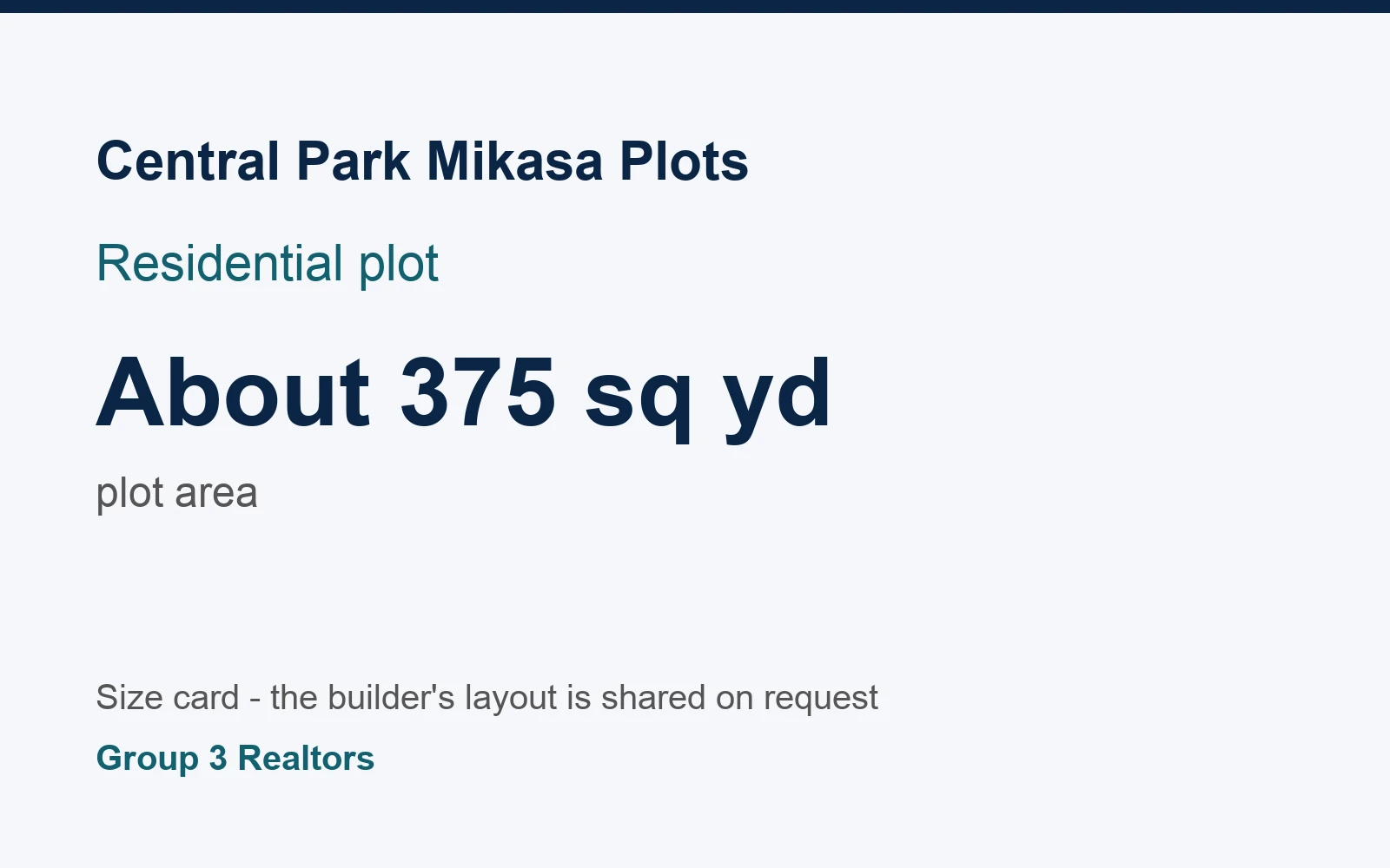 Central Park Mikasa Plots plot size card, about 375 sq yd plot area