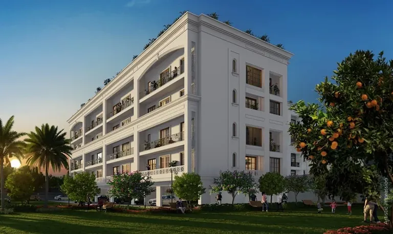 Central Park The Orchard four-storey Orchard block behind orange trees, artist's impression