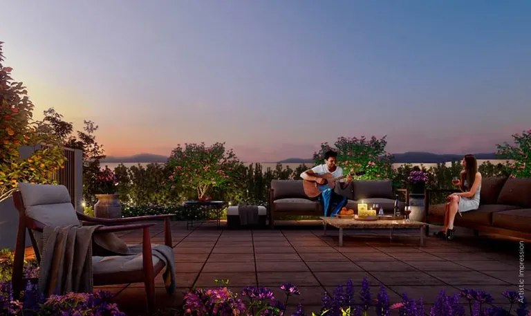 Central Park The Orchard private terrace with sofas at sunset, artist's impression
