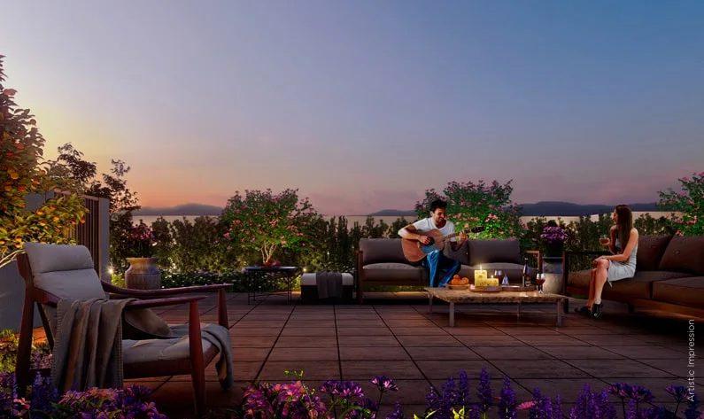 Central Park The Orchard private terrace with sofas at sunset, artist's impression