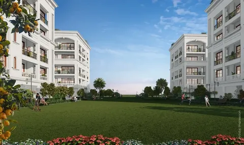 Central Park The Orchard white low-rise Orchard blocks around a large lawn, artist's impression
