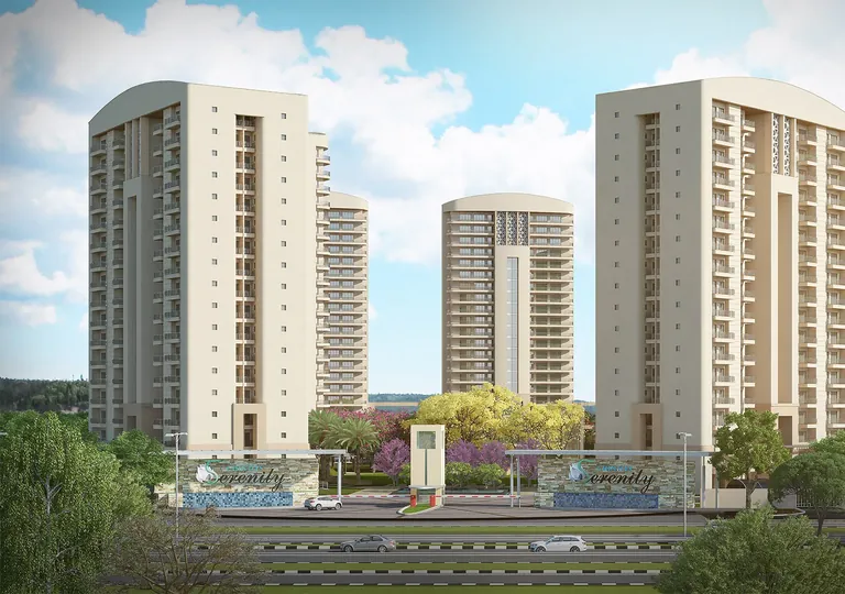 Chintels Serenity entrance gates and towers seen from the approach road, artist's impression