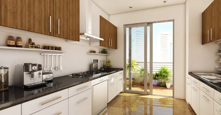 Chintels Serenity sample apartment modular kitchen opening to a utility balcony, artist's impression