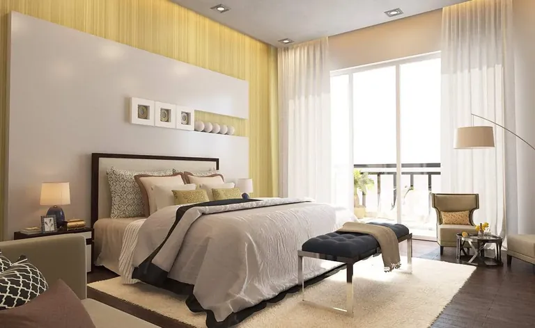Chintels Serenity sample apartment master bedroom with balcony doors, artist's impression