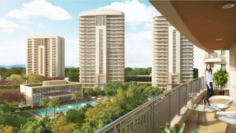Chintels Serenity towers and pool seen from an apartment balcony, artist's impression