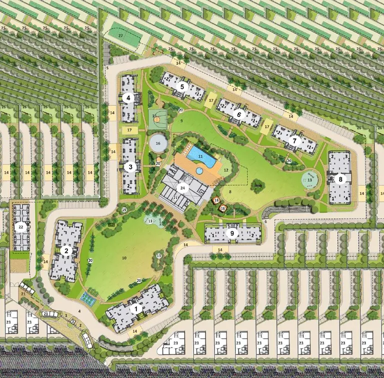 Chintels Serenity site plan with nine towers around a central green and club