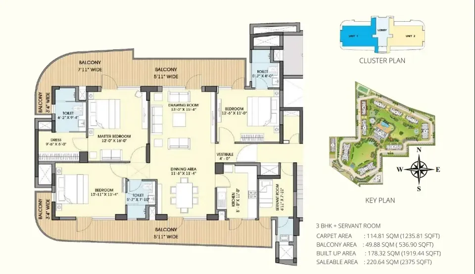 Chintels Serenity 3 BHK + servant floor plan, 2,375 sq ft super area