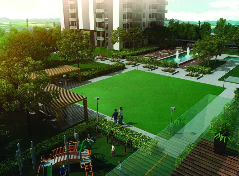 Conscient Heritage One central lawn, play area and pergola, artist's impression