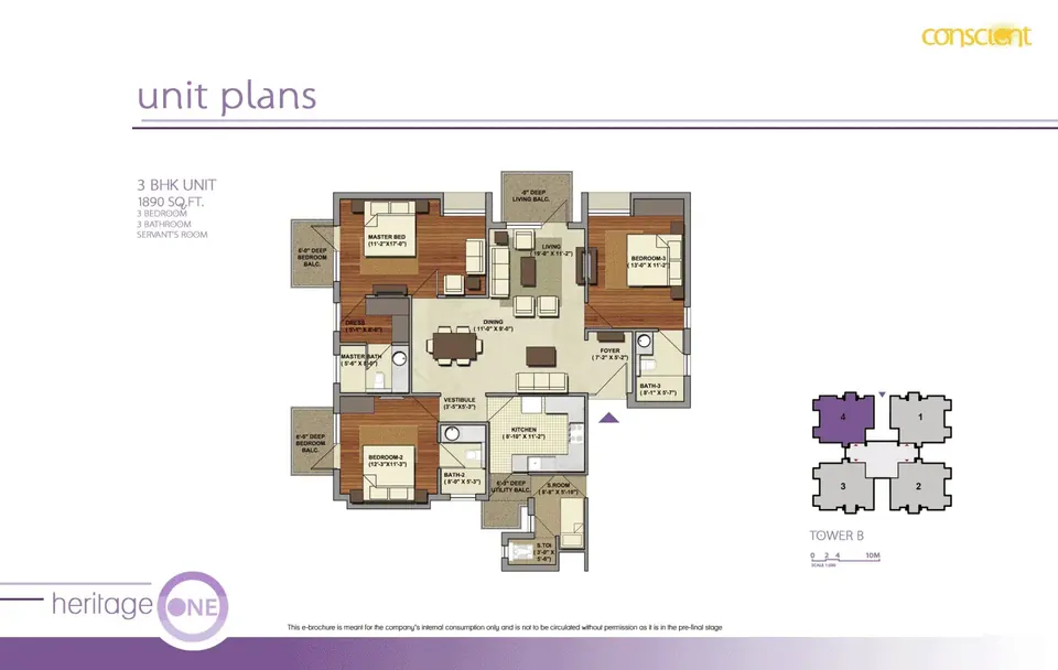 Conscient Heritage One 3 BHK floor plan, 1,890 sq ft