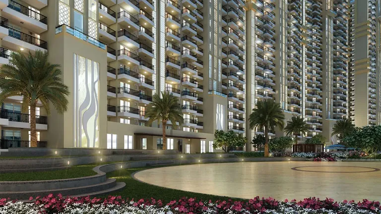 County The Center Court central plaza with feature column lights at night, artist's impression