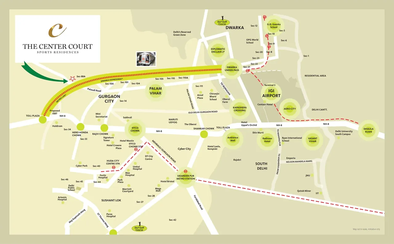 County The Center Court location map showing Dwarka Expressway, NH-48 and IGI Airport