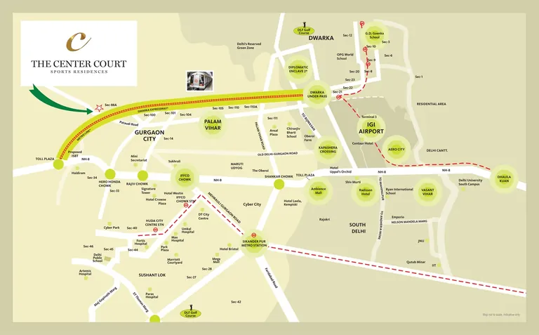 County The Center Court location map showing Dwarka Expressway, NH-48 and IGI Airport