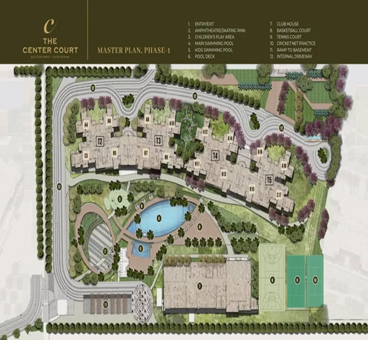 County The Center Court master plan, phase 1, with towers, pools, tennis and cricket nets