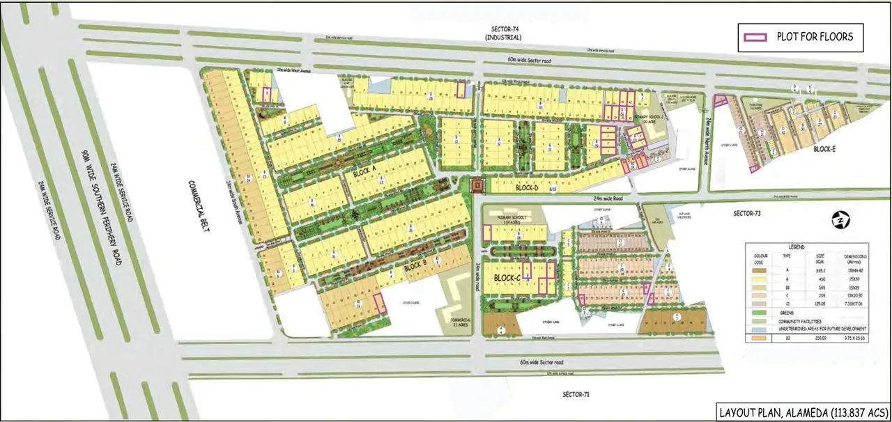 DLF Alameda layout plan of the 113.837-acre plotted township between SPR and Sectors 71 and 74