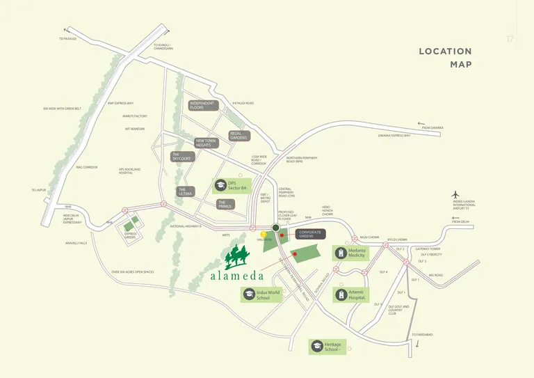DLF Alameda location map on Southern Peripheral Road near the NH-48 cloverleaf flyover