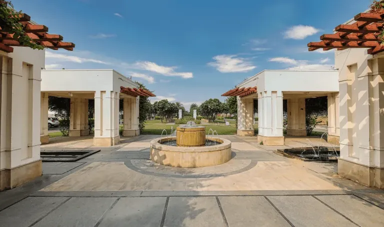 DLF Alameda pavilion court with fountain in the township greens, actual photo