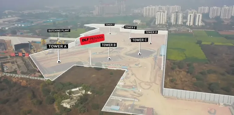 DLF Privana North construction site with Towers A to F marked, aerial photo January 2026