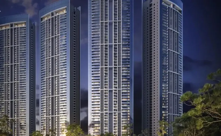 DLF Privana North towers lit at night, clean elevation view, artist's impression