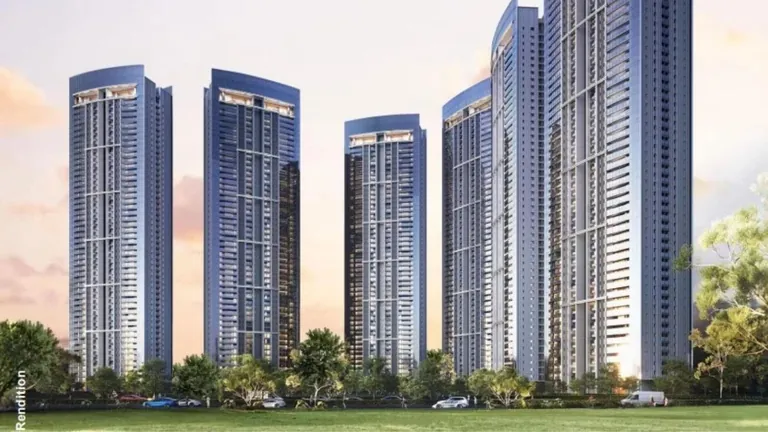 DLF Privana North towers above landscaped greens at sunset, Sector 76 Gurgaon, artist's impression