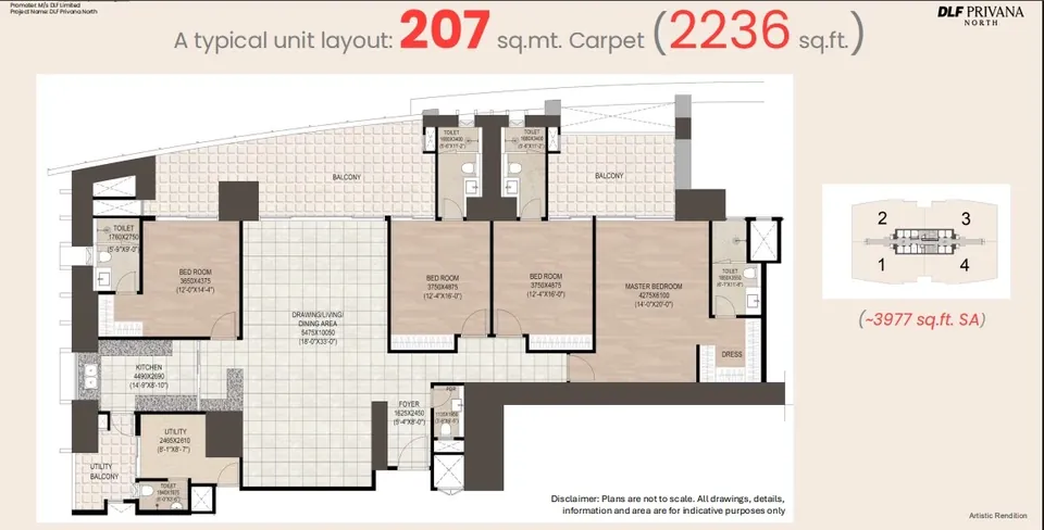 DLF Privana North 4 BHK floor plan, 3,977 sq ft super area