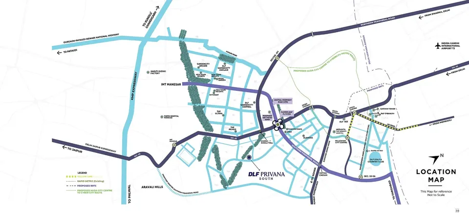 DLF Privana South location map near Kherki Daula toll, NH-48, SPR and the Aravalli hills