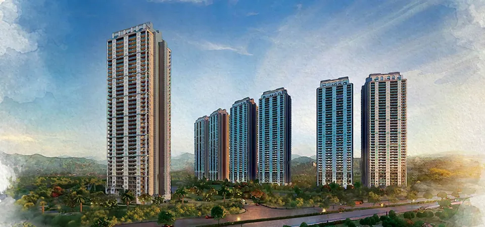 DLF Privana South seven towers against the Aravalli hills, elevation, artist's impression