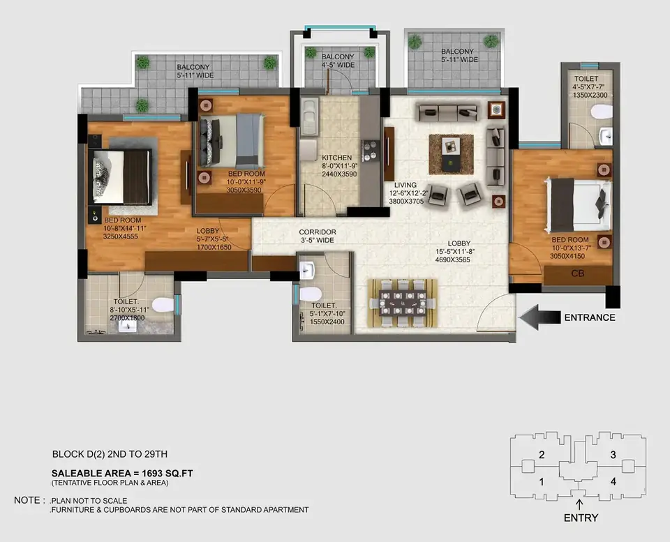 DLF Regal Gardens 3 BHK floor plan, 1,693 sq ft