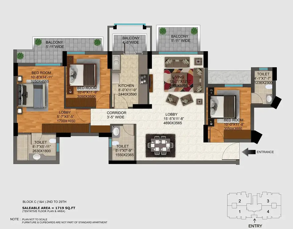 DLF Regal Gardens 3 BHK floor plan, 1,719 sq ft