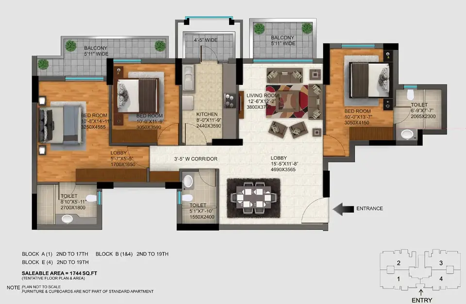 DLF Regal Gardens 3 BHK floor plan, 1,744 sq ft