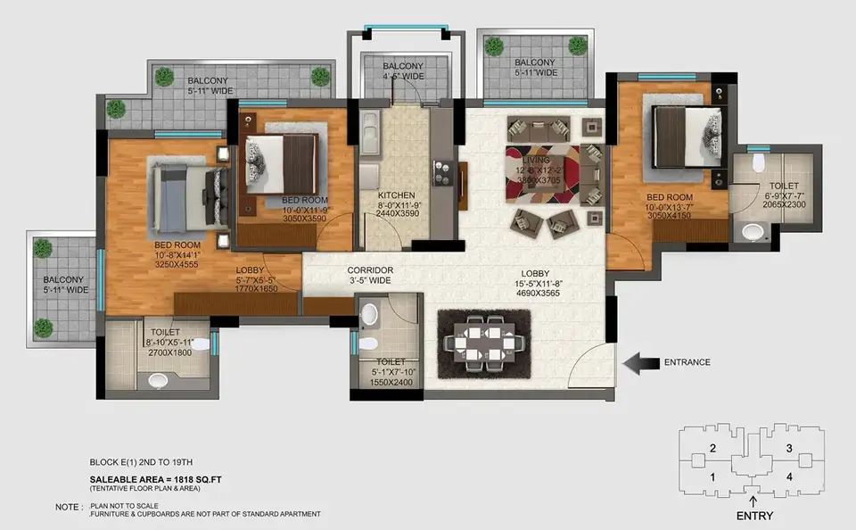 DLF Regal Gardens 3 BHK floor plan, 1,818 sq ft