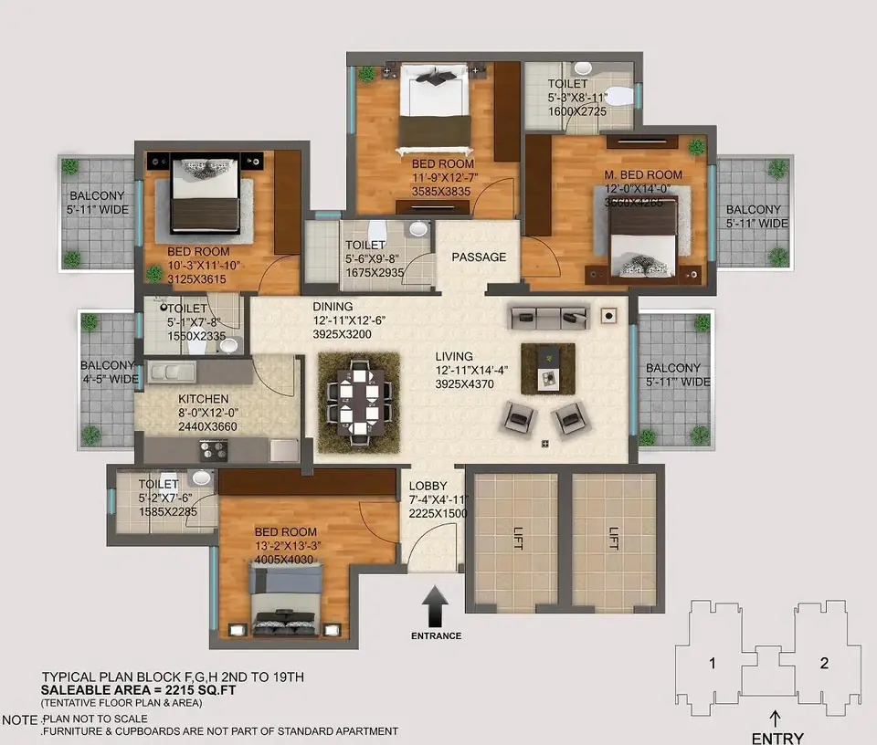 DLF Regal Gardens 4 BHK floor plan, 2,215 sq ft