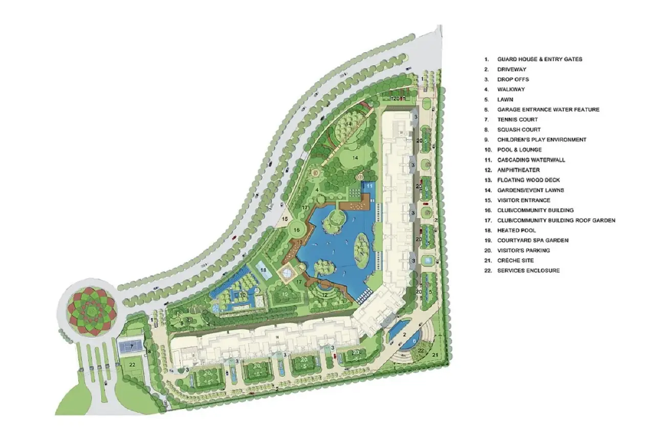 DLF The Camellias site plan: entry gate, driveway, towers around the central club, pool and gardens, Sector 42