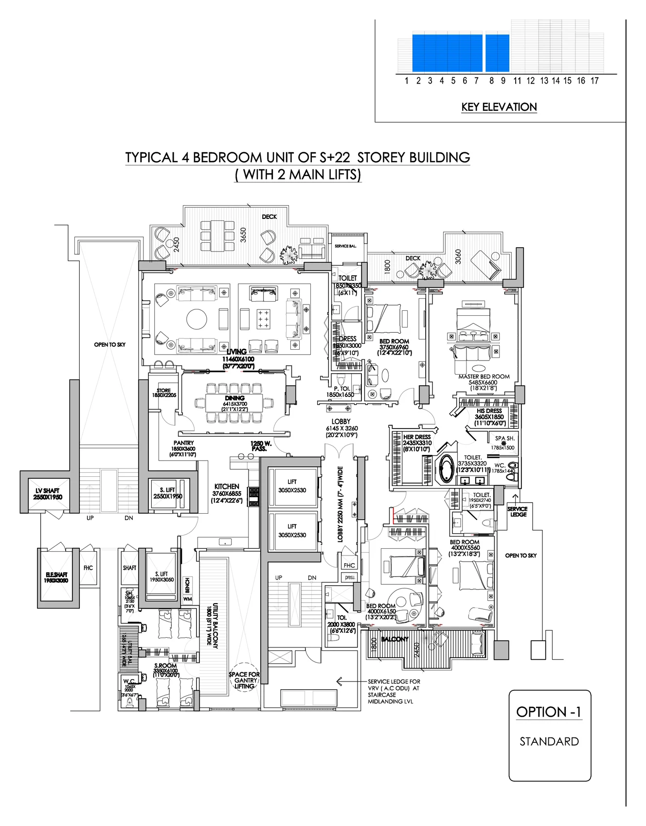 DLF The Camellias 4 BHK floor plan, typical unit in the S+22 towers with two main lifts, about 7,400 sq ft super area