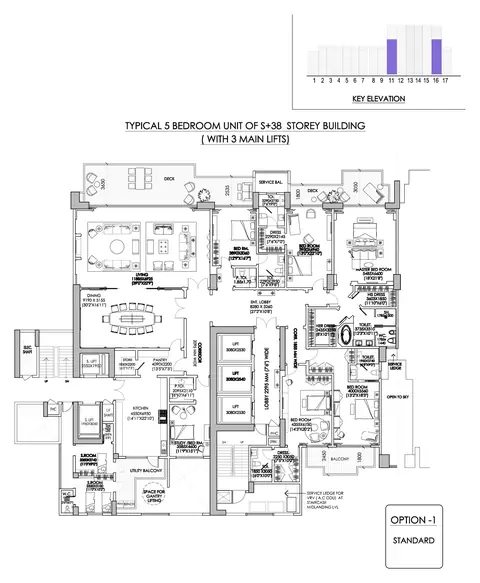 DLF The Camellias 5 BHK floor plan, typical unit in the S+38 towers with three main lifts