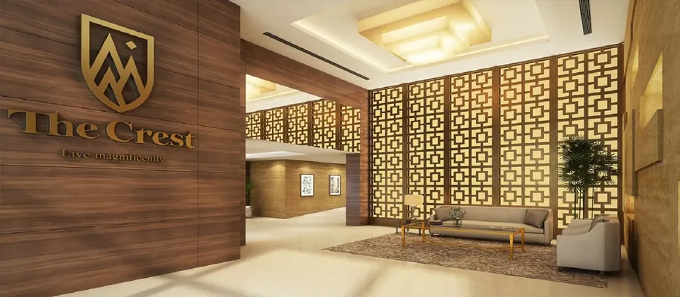 DLF The Crest entrance lobby with The Crest crest on the wall