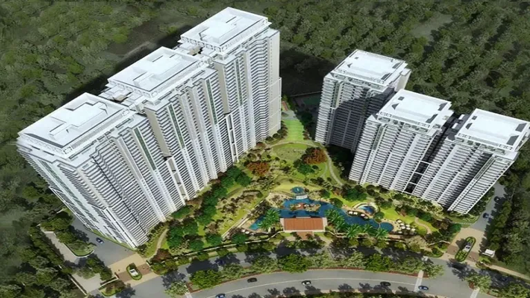 DLF The Crest towers around the central garden and pool, aerial view