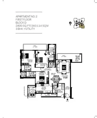 DLF The Crest 3 BHK floor plan, 2800 sq ft super area
