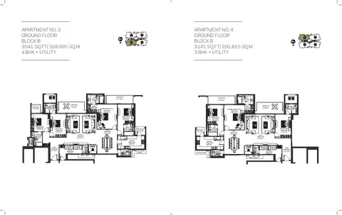 DLF The Crest Block B ground floor plans: 4 BHK + utility of 3541 sq ft and 3 BHK + utility of 3141 sq ft