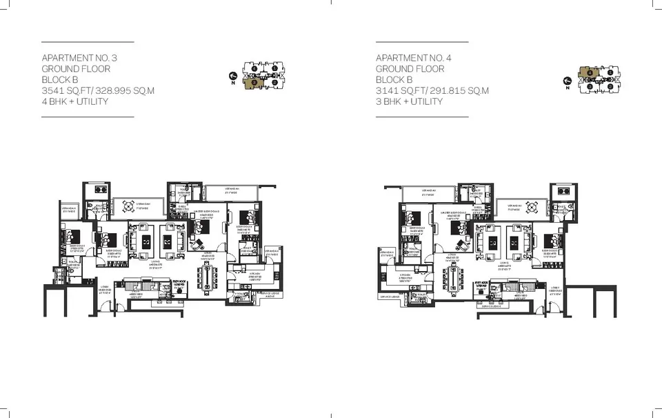DLF The Crest Block B ground floor plans: 4 BHK + utility of 3541 sq ft and 3 BHK + utility of 3141 sq ft