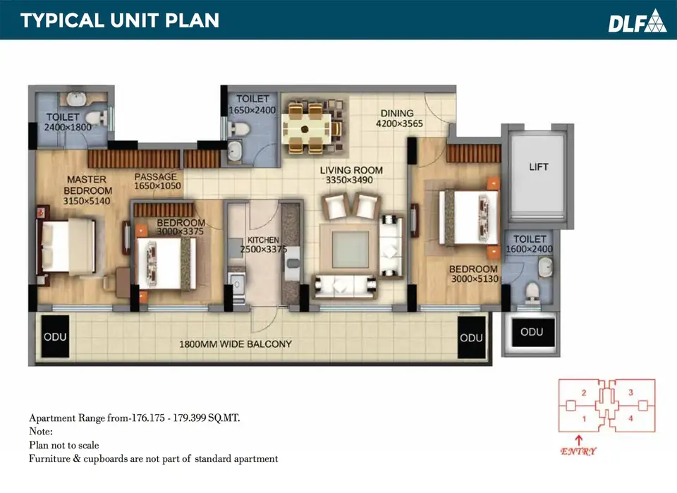 DLF The Skycourt 3 BHK floor plan, 1,900 sq ft