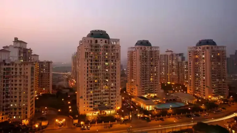 DLF Trinity Towers lit up at dusk