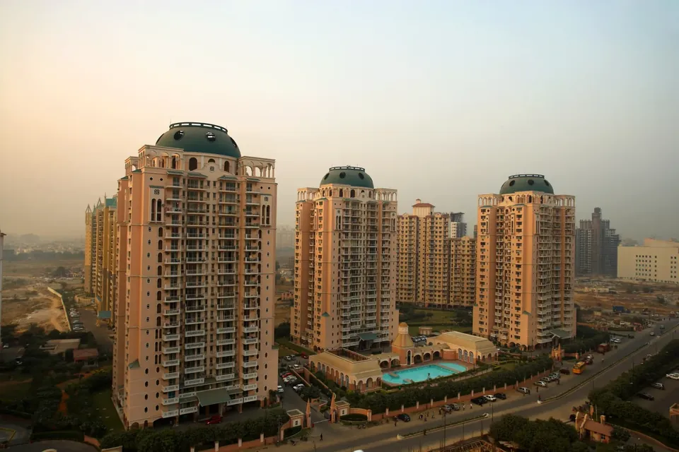 DLF Trinity Towers with domed crowns and the pool, seen from above