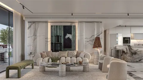 Elan The Emperor apartment living room with marble finishes, artist's impression