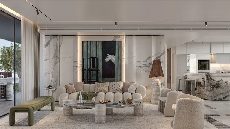 Elan The Emperor apartment living room with marble finishes, artist's impression