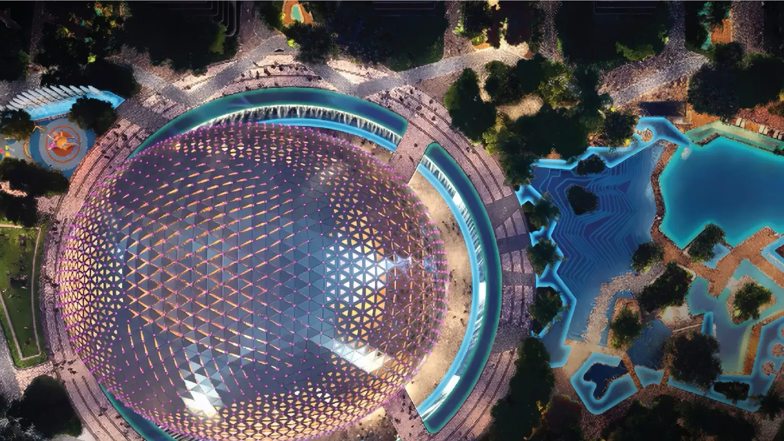 Elan The Emperor clubhouse dome seen from above at night, artist's impression