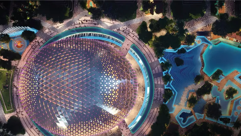 Elan The Emperor clubhouse dome seen from above at night, artist's impression
