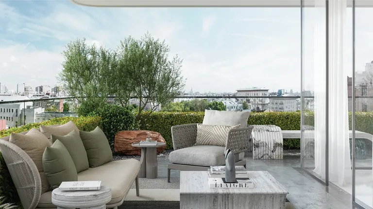Elan The Emperor apartment balcony deck with outdoor seating, artist's impression