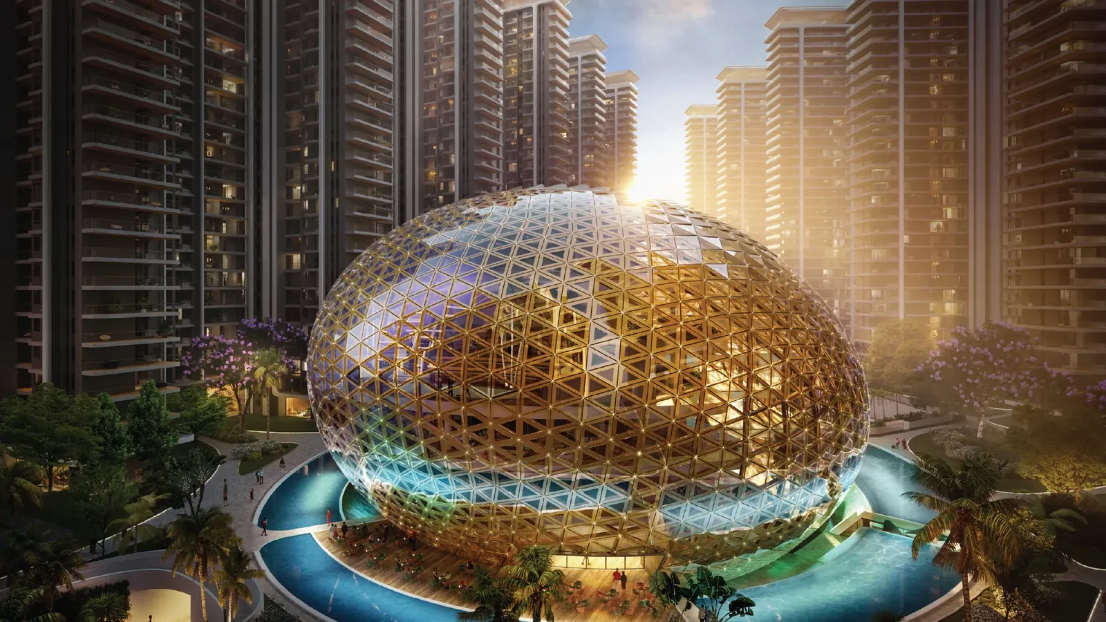 Elan The Emperor golden clubhouse dome at sunset, artist's impression